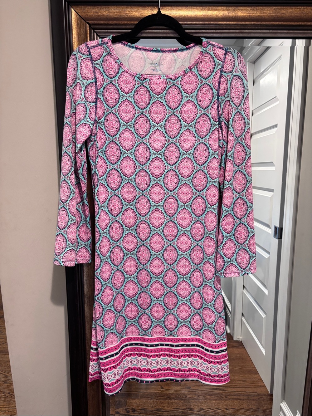 Cabana Life Women S Pink Aqua Medallion 3/4 Sleeve Shift Dress Resort UPF